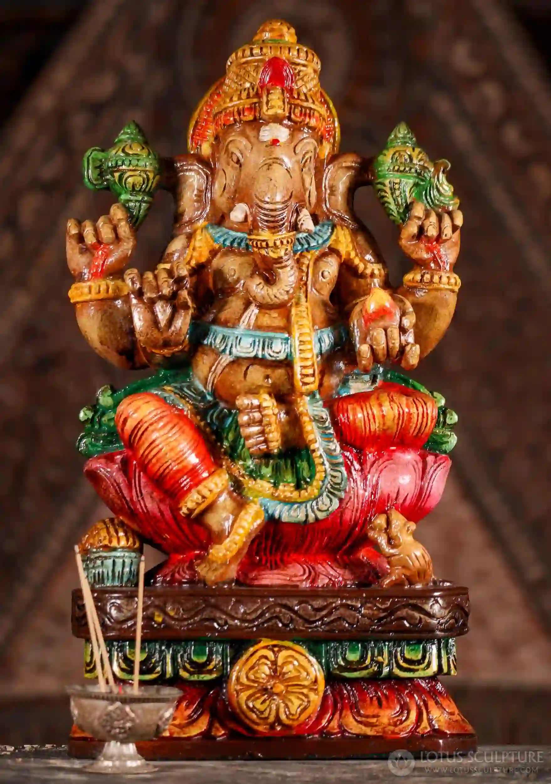 Ganesha Hand-Carved Wood Sculpture with Broken Tusk in Lalitasana Carved in India 18"