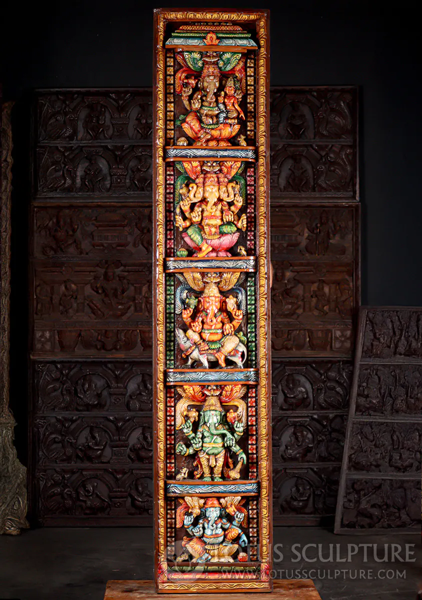 Ganesha Painted Wood Panel Sculpture with 5 Forms, Tall Hindu Art from India 79.5"