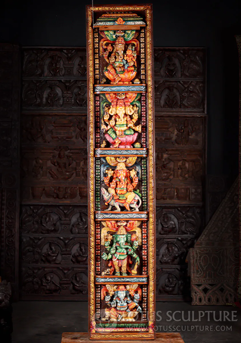 Ganesha Wood Panel 2 Sculpture with 5 Forms, Tall Hindu Art from India 79.5"