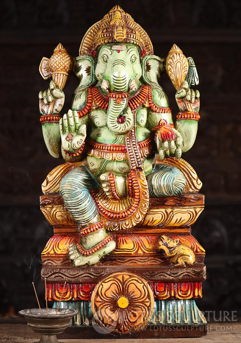 Ganesha Wood Sculpture, Left-Curved Trunk & Broken Tusk, Lalitasana, India 24"