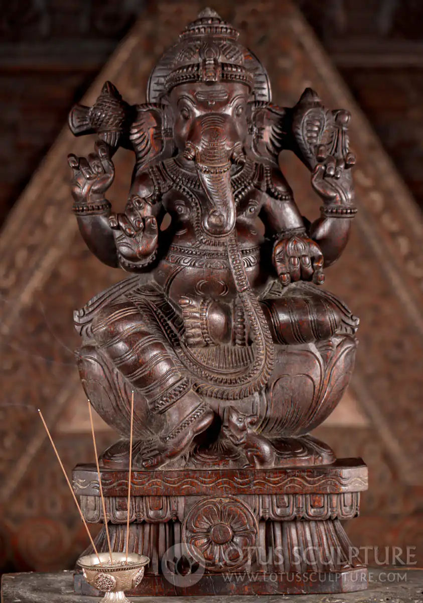 Ganesha Dark Wood Sculpture with Broken Tusk & Mango, Lalitasana, India 24"