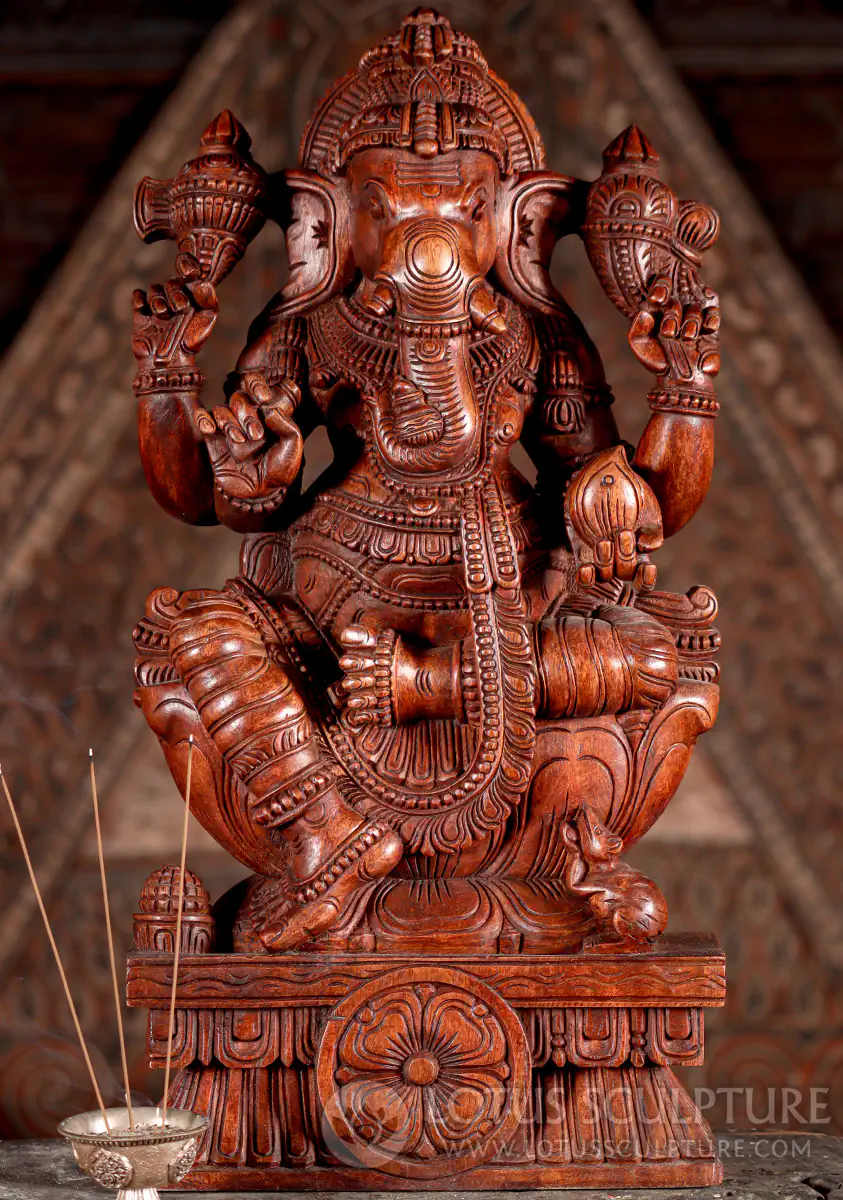Ganesha Reddish Wood Sculpture with Broken Tusk & Mango, Lalitasana, India 24"