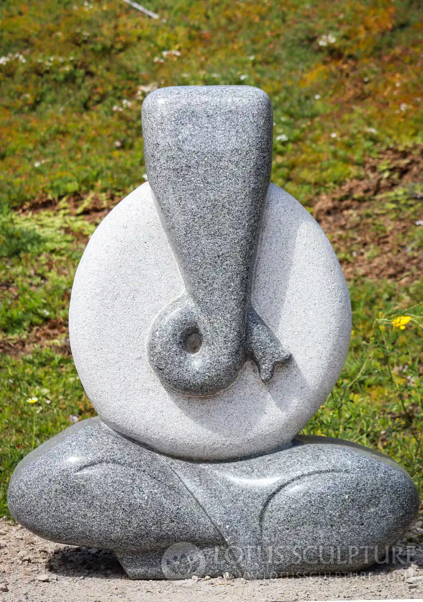 Ganesha Abstract Grey Granite Sculpture with Corkscrew Trunk and Round Body 35"