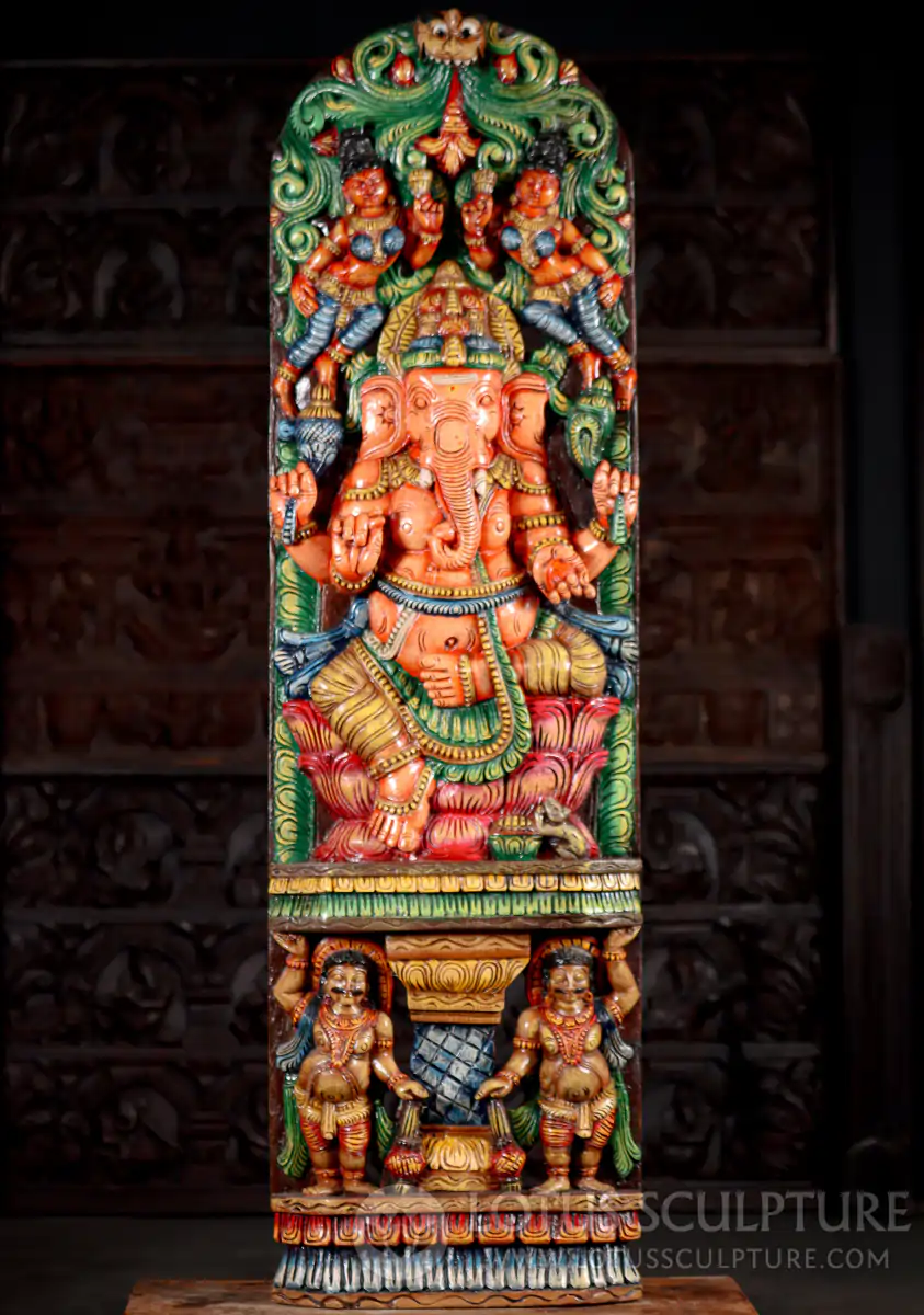 Ganesha Painted Wood Panel with Tusk, Goad & Noose, Lotus-Seated from India 61"