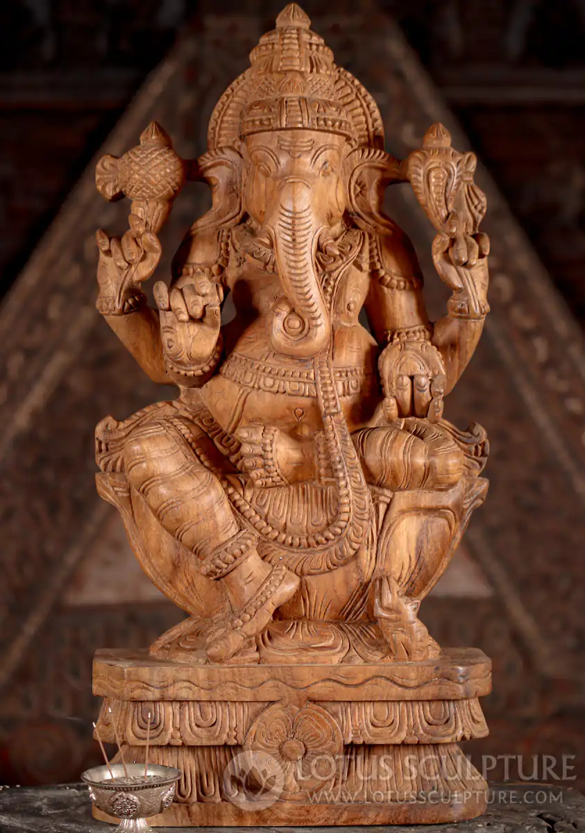 Ganesha Light Wood Sculpture with Broken Tusk & Mango, Lalitasana, India 24"