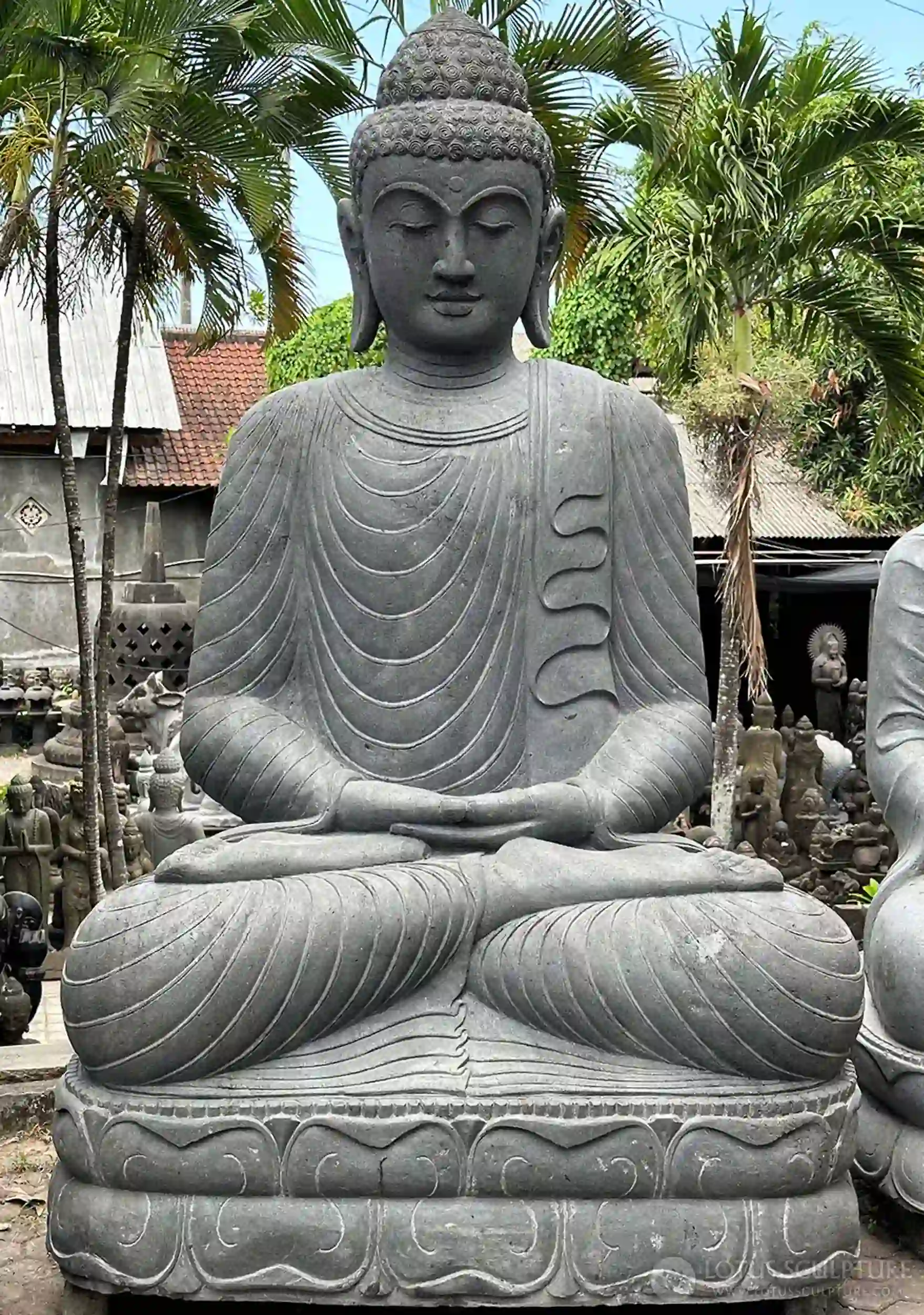 Buddha Lava Stone Garden Statue in Dhyana Meditation Mudra on Lotus Base 87"