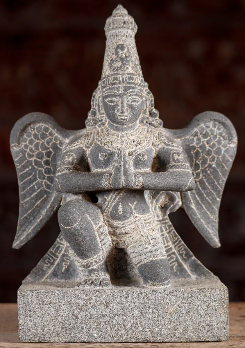 Garuda Kneeling in Namaste Black Granite Garden Statue Hindu Vahana of Vishnu 11"