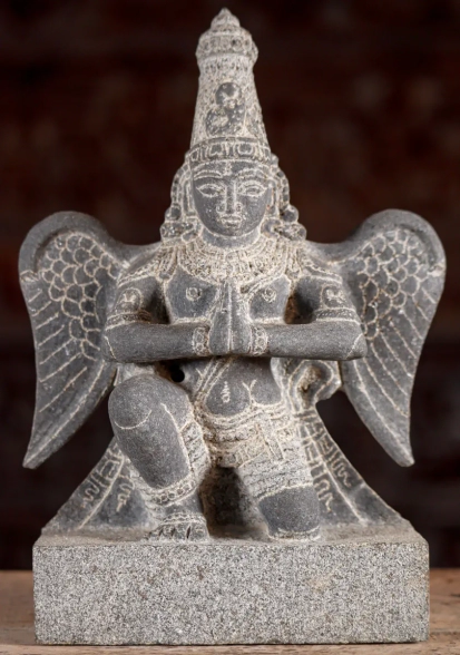 Garuda Kneeling in Namaste Black Granite Garden Statue Hindu Vahana of Vishnu 11"