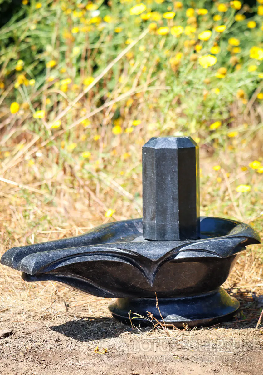 Shiva Lingam Black Granite Sculpture with Geometric Form and Lotus Yoni, India 22.5"