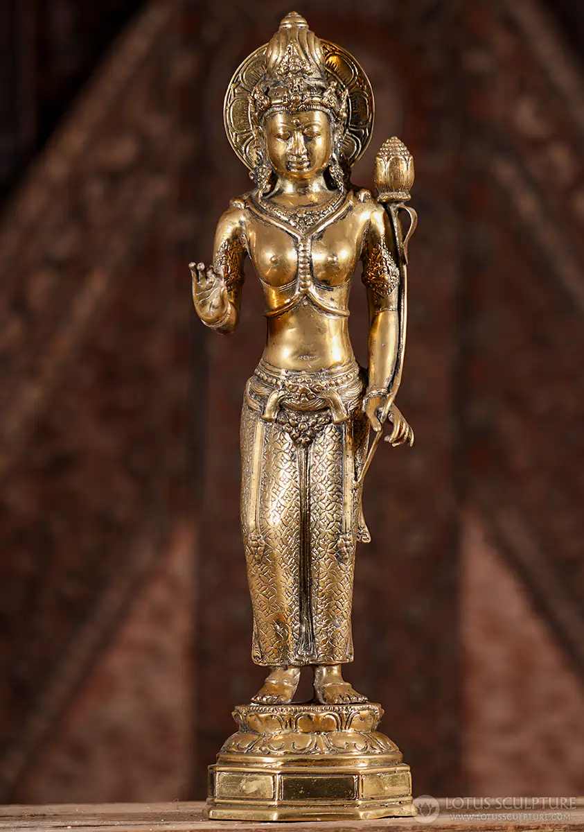 Tara Brass Statue Standing on Lotus Base in Vitarka Mudra with Utpala, Indonesia 17.5"