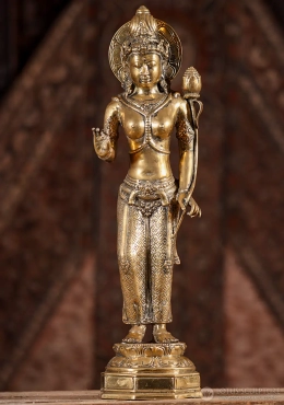 Tara Brass Statue Standing on Lotus Base in Vitarka Mudra with Utpala, Indonesia 17.5" Tara Brass Statue Standing on Lotus Base in Vitarka Mudra with Utpala, Indonesia 17.5"