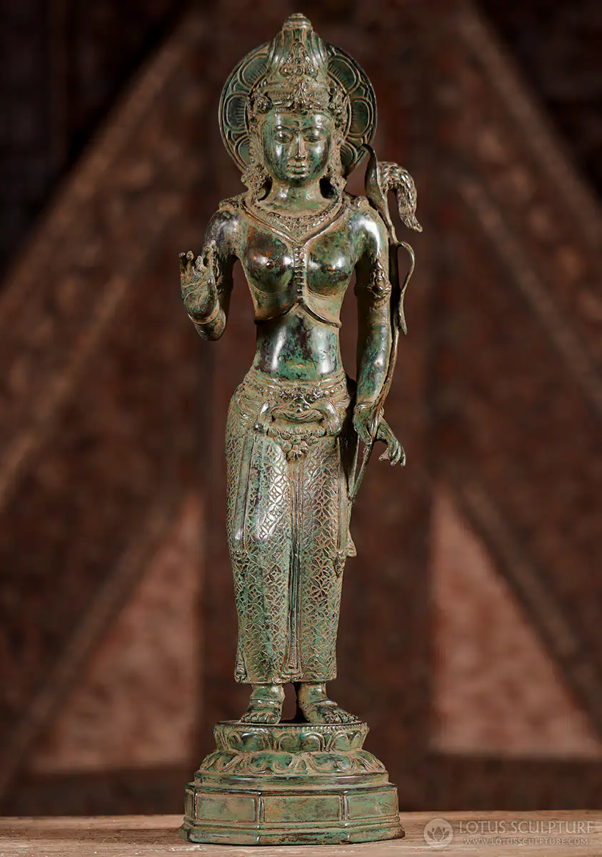 Devi Tara Brass Statue Standing on Lotus Base Holding Fly Whisk, Indonesia 17.5"
