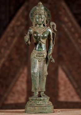 Devi Tara Brass Statue Standing on Lotus Base Holding Fly Whisk, Indonesia 17.5"