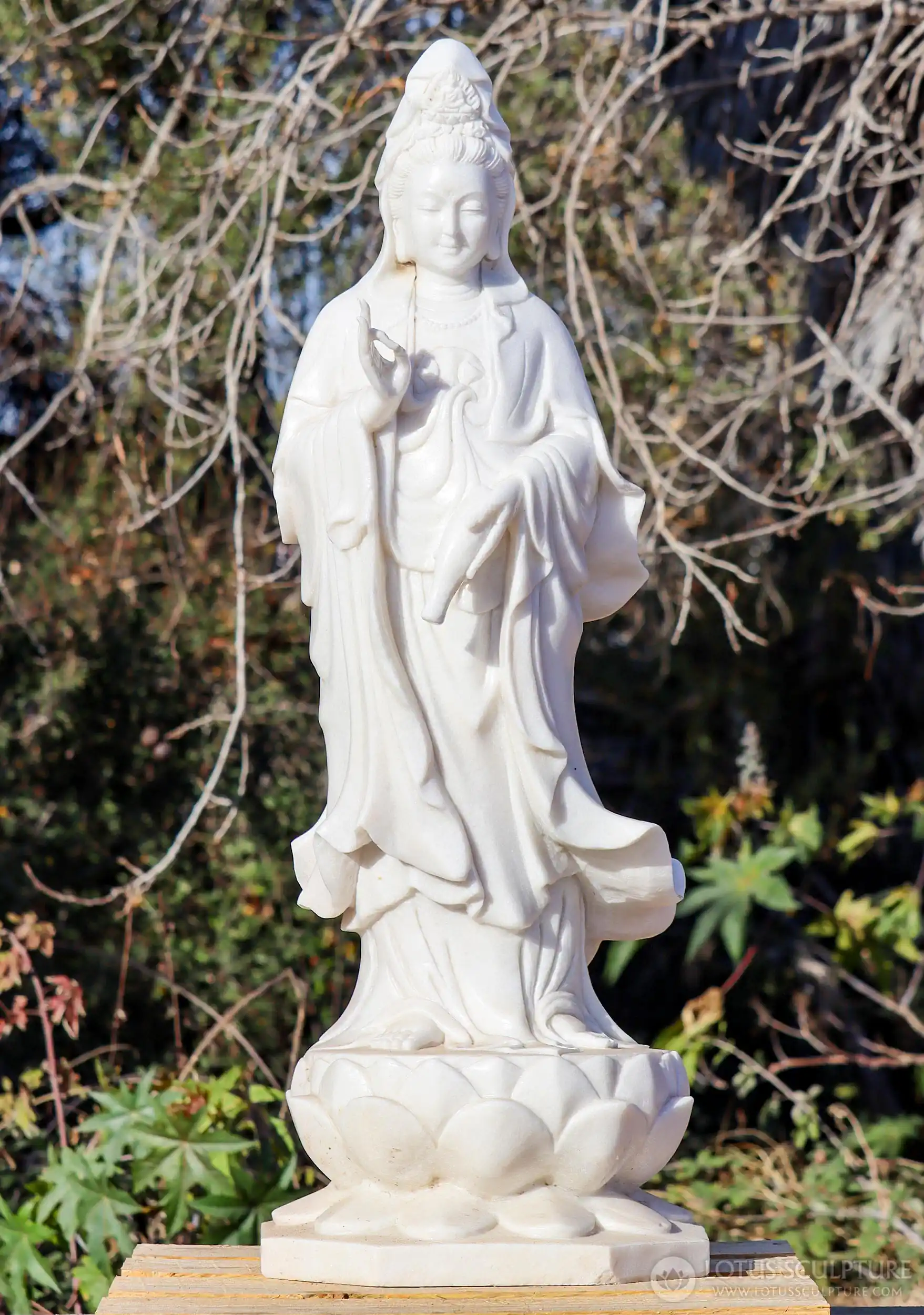 Kwan Yin Sculpture Bodhisattva of Compassion on Lotus Base Carved in White Marble 48"