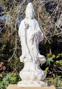 Kwan Yin Sculpture Bodhisattva of Compassion on Lotus Base Carved in White Marble 48" Kwan Yin Sculpture Bodhisattva of Compassion on Lotus Base Carved in White Marble 48"