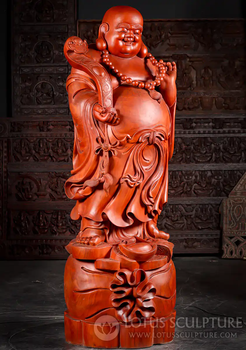 Hotei Buddha Wood Sculpture Standing with Mala and Wish Stick Vietnamese Statue 71"