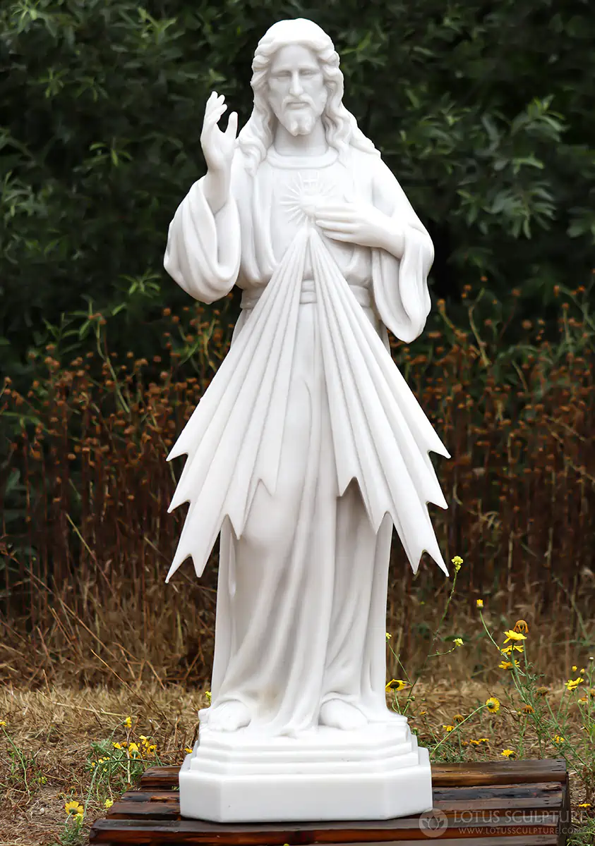 Jesus Sacred Heart White Marble Catholic Garden Sculpture in Blessing Pose 48"
