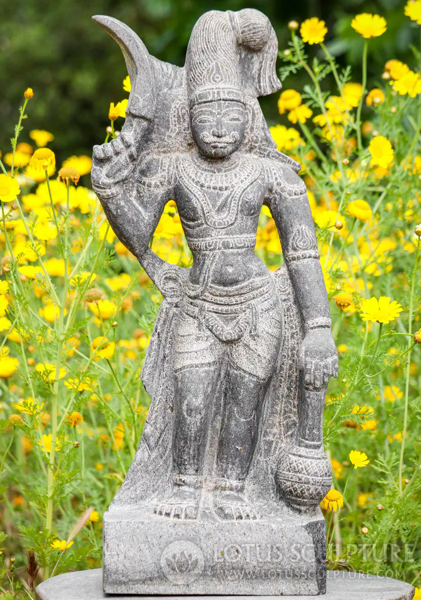 Karuppa Black Granite Statue with Sword and Mace, South Indian Village Guardian Deity 26"