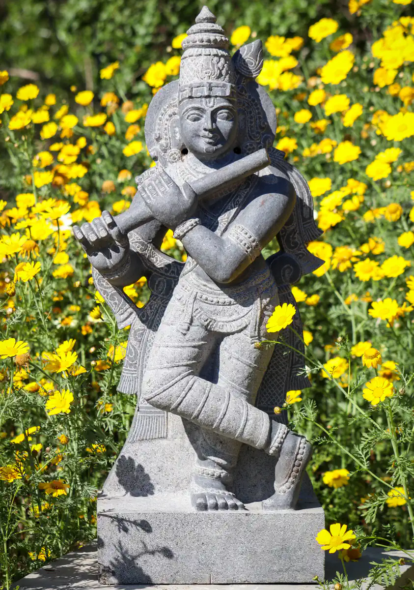 Krishna Playing Flute Black Granite Garden Sculpture with Halo and Headdress Feather 31.5"