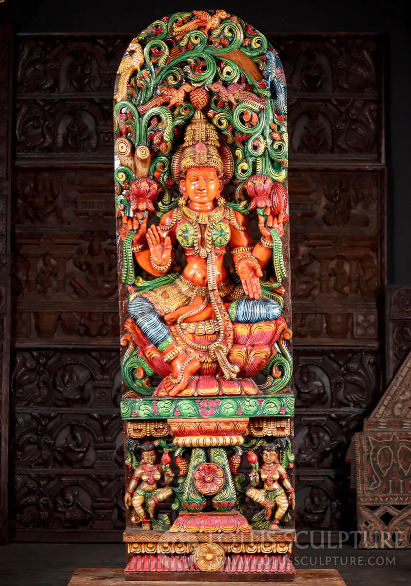 Lakshmi Painted Wood Panel Sculpture with Abhaya & Varada Mudras, India 60"