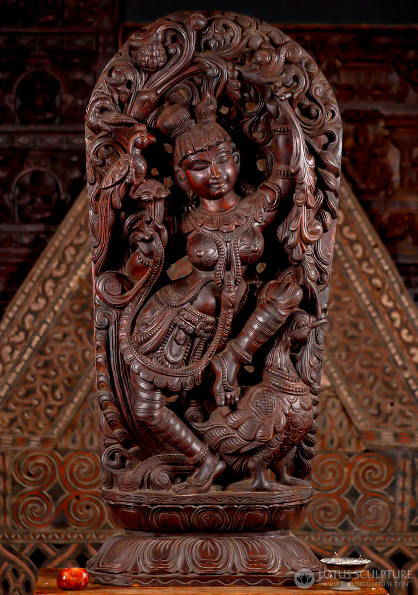 Saraswati Statue Natural Wood Dancing Goddess with Lotus, Peacock & Canopy 48"