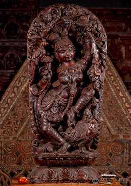 Saraswati Statue Natural Wood Dancing Goddess with Lotus, Peacock & Canopy 48"