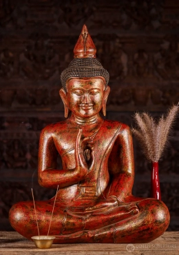 Buddha Wood Statue in Teaching Vitarka Mudra Khmer Style Painted Sculpture 28"