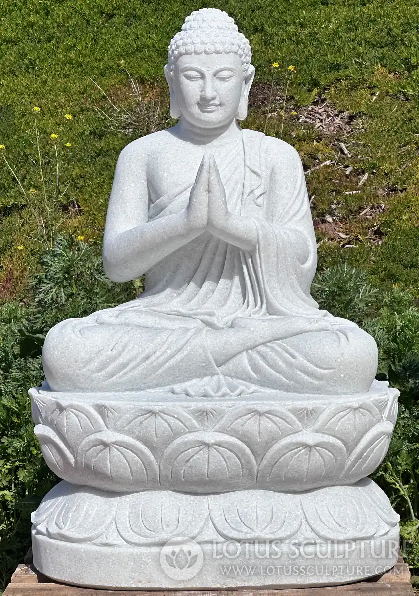 White Marble Namaste Anjali Buddha Statue on Lotus Base Perfect for the Garden 36"