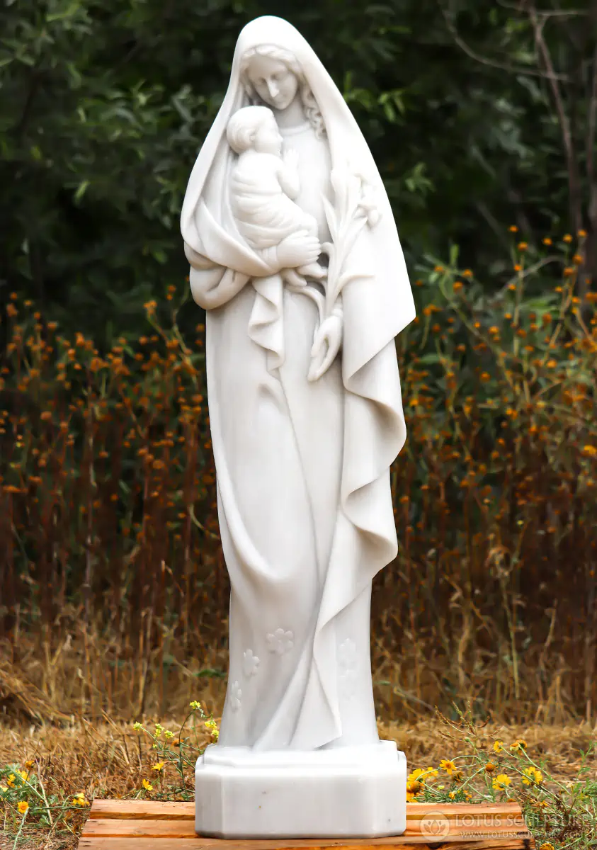 Mary Holding Baby Jesus White Marble Catholic Garden Sculpture with Flowers 46"