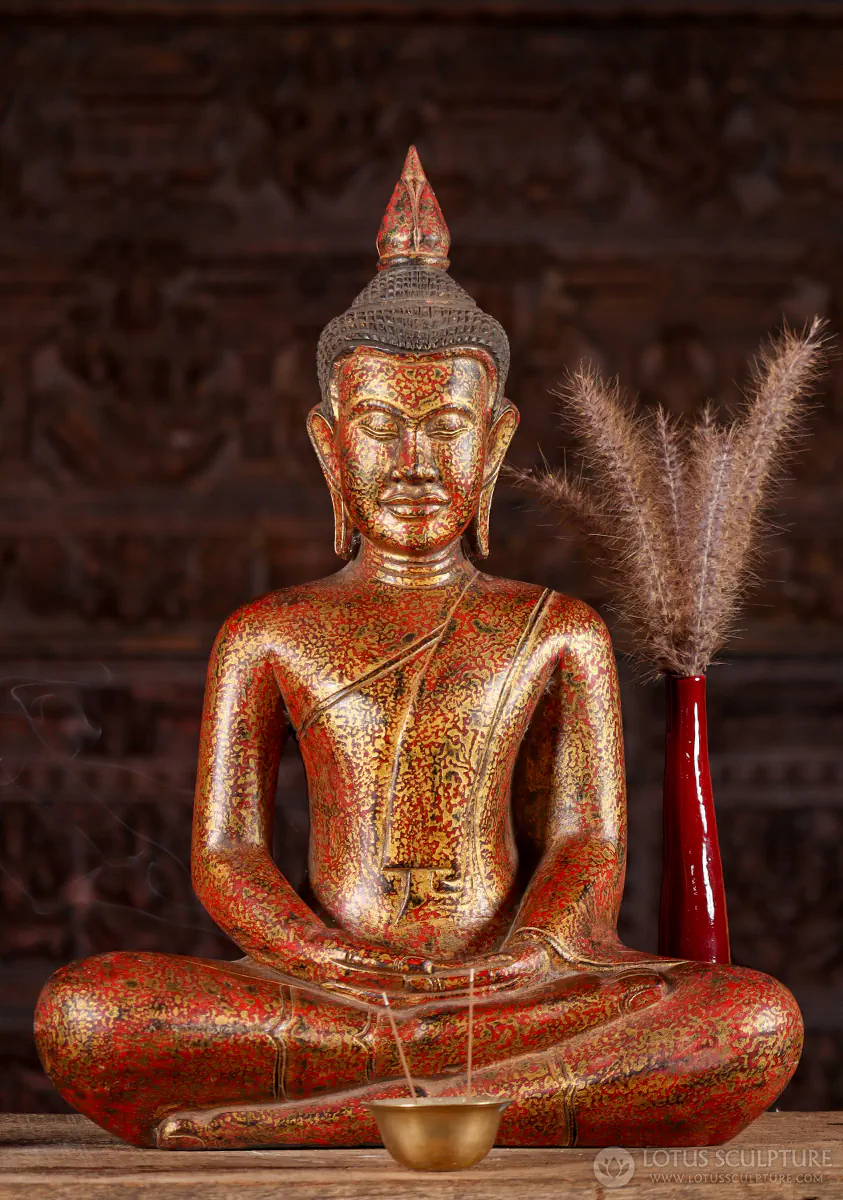 Buddha Wood Sculpture Khmer Style in Dhyana Mudra Hand Carved in Cambodia 21"