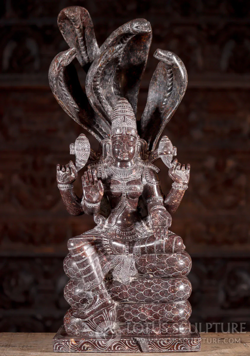 Nagapooshani Black Marble Sculpture in Abhaya & Varada Mudra Lalitasana, India 24"