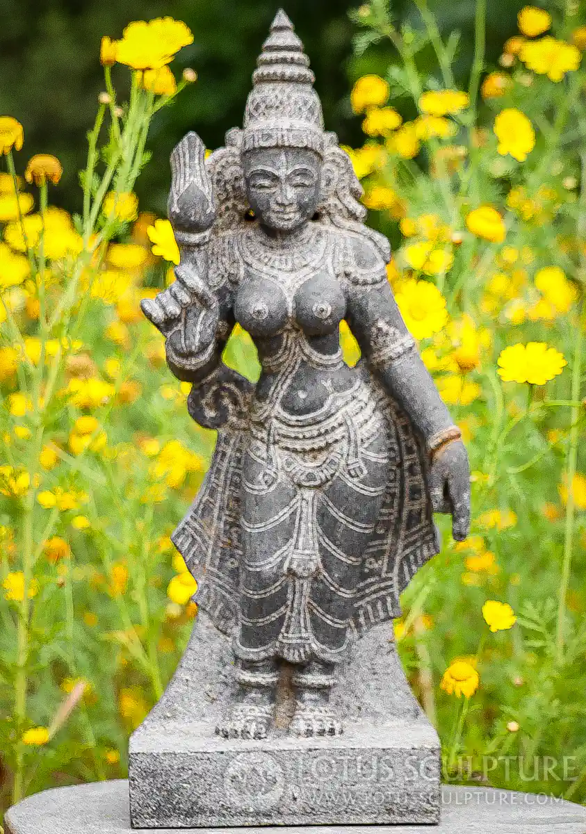 Parvati Black Granite Garden Sculpture Holding Lotus Flower, Hindu Goddess 23"