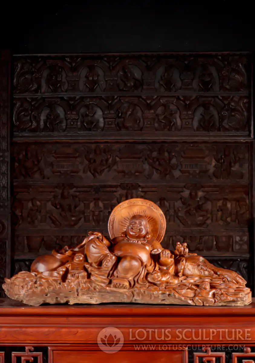 Laughing Hotei Buddha of Wealth Statue with Coins, Children & Halo Hand Carved Wood 38"