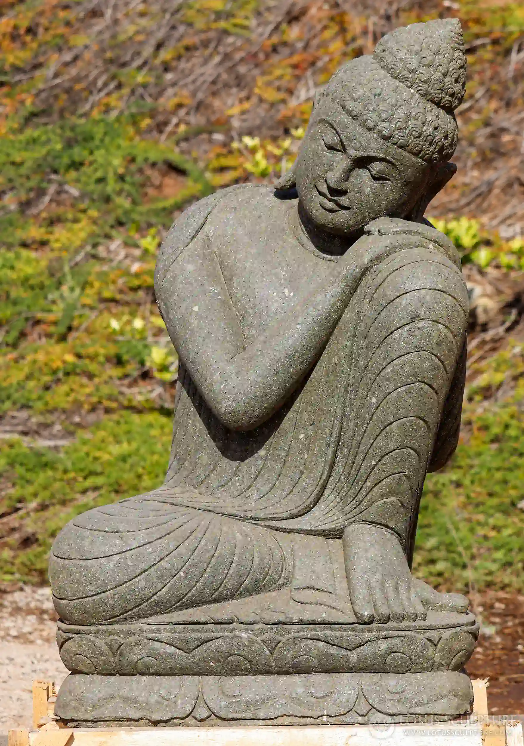 Resting Buddha Stone Sculpture with Head on Knee & Simple Robes on Lotus Base 40"