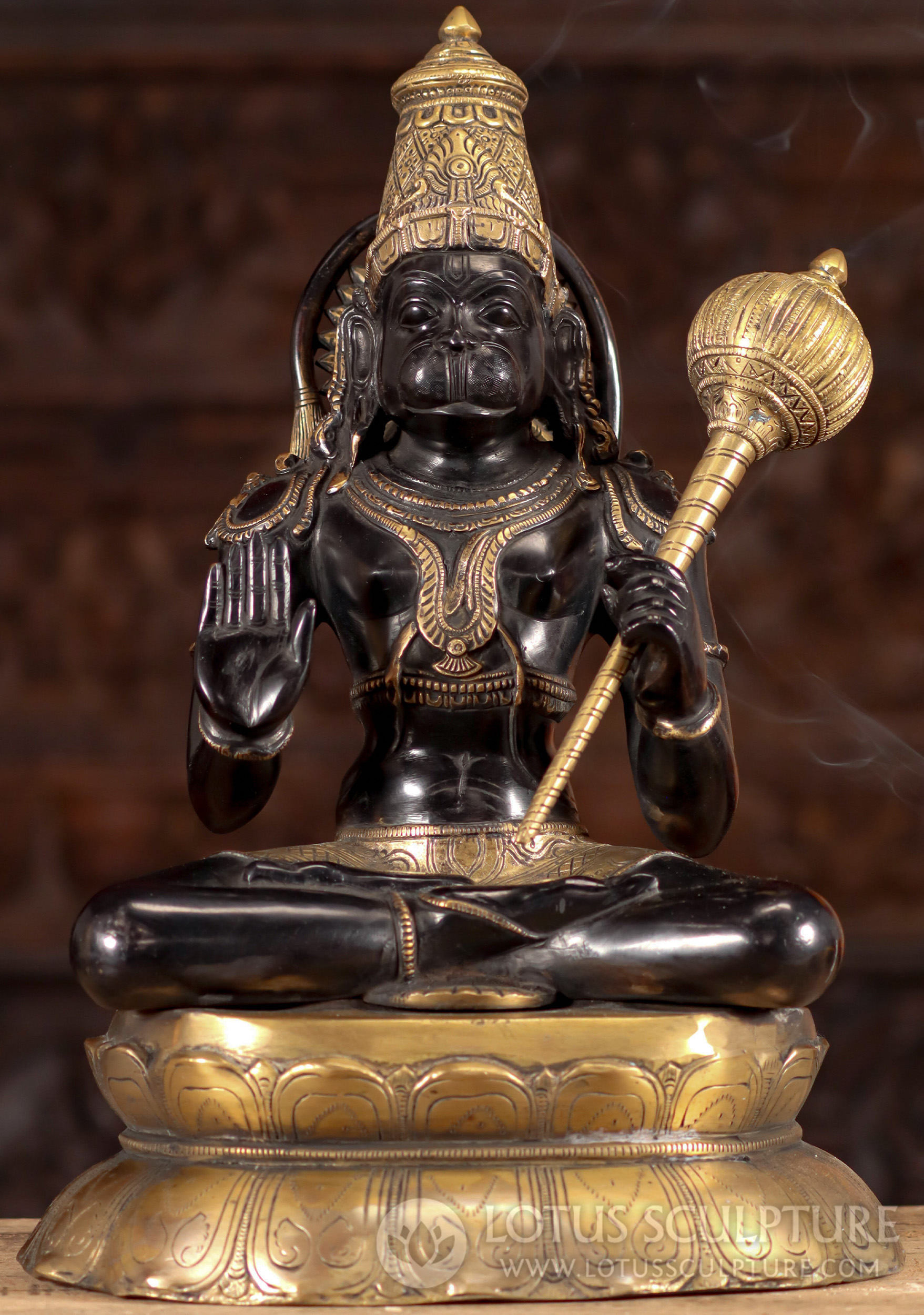 Brass Hanuman Statue Seated in Padmasana Position  with Club & Halo on Lotus Base 16"
