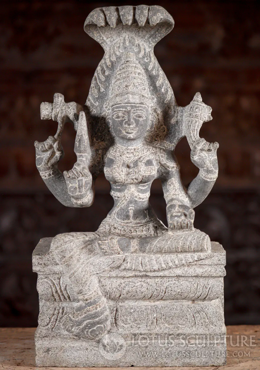 Shakti Small Black Granite Sculpture with Serpent Canopy, Fire Halo & Lalitasana Pose 15"