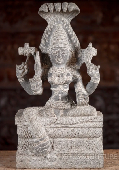 Shakti Small Black Granite Sculpture with Serpent Canopy, Fire Halo & Lalitasana Pose 15"