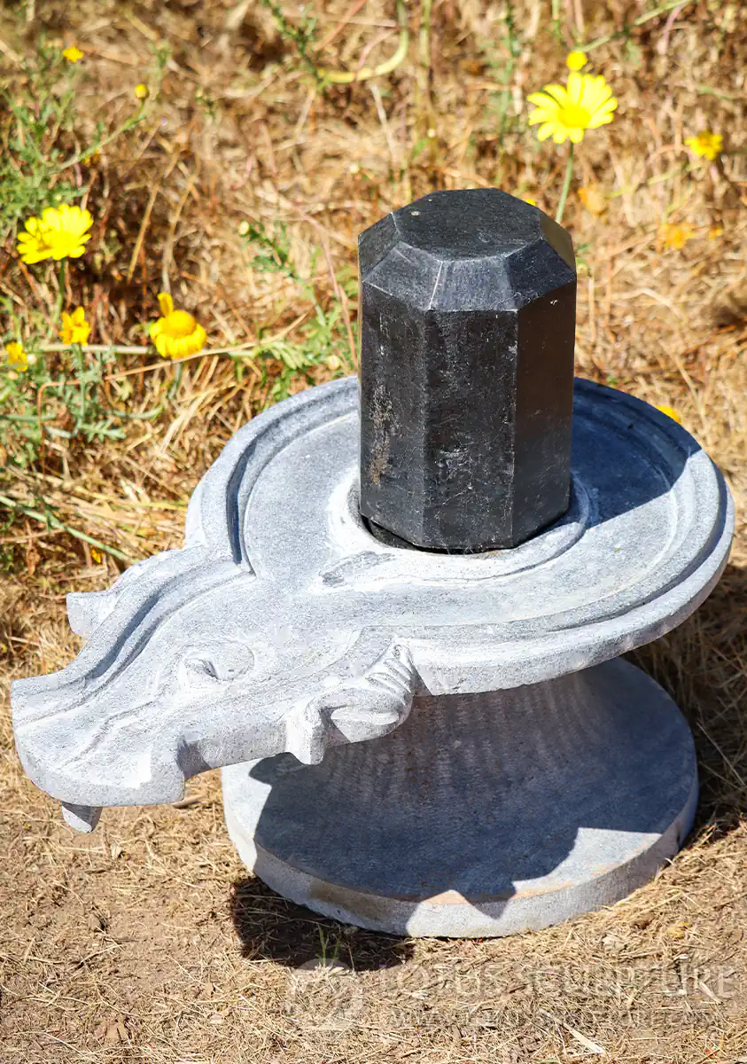 Shiva Lingam Geometric Black Granite with Elegant Carved Black Marble Yoni, India 18"