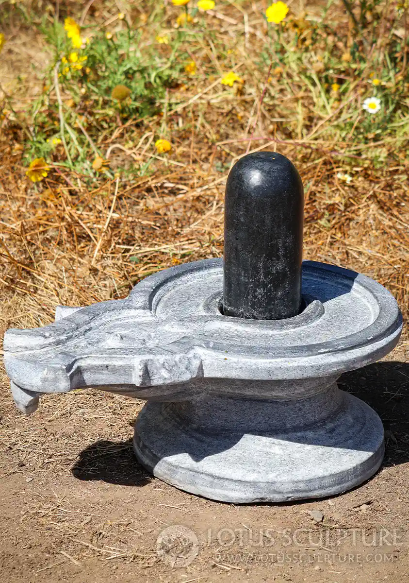 Shiva Lingam Smooth Black Granite with Flowing Black Marble Yoni Sculpture, India 18.5"