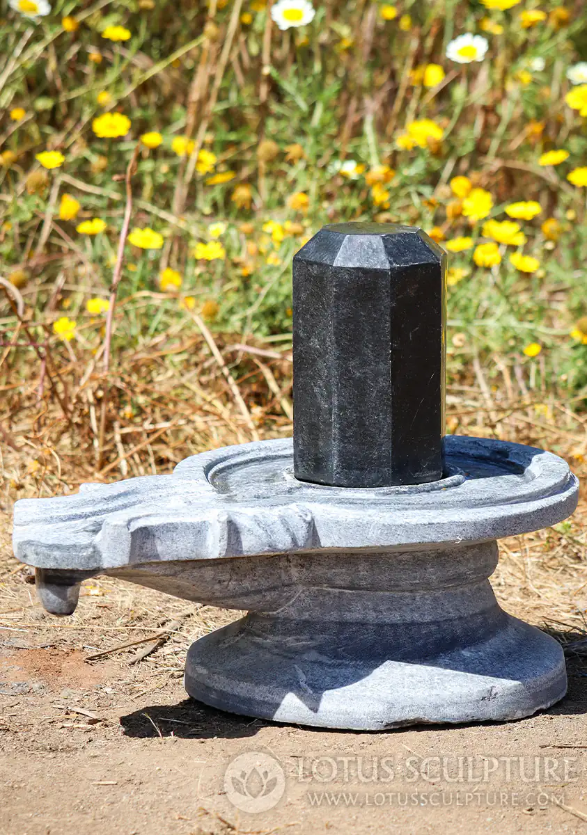 Shiva Lingam Octagonal Black Granite with Carved Black Marble Yoni Base, India 19"