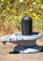 Shiva Lingam Octagonal Black Granite with Carved Black Marble Yoni Base, India 19"
