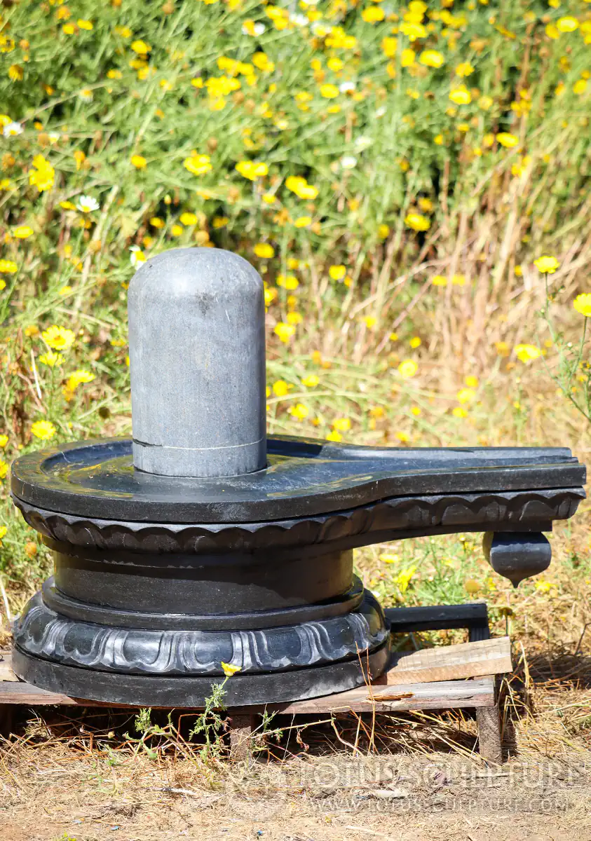 Shiva Lingam Gray Stone with Black Granite Yoni Sculpture for Abhishekam Rituals 34"