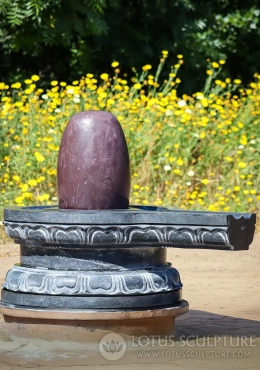 Large Shiva Lingam Maroon Narmada Stone with Black Granite Lotus Yoni Sculpture, India 38"