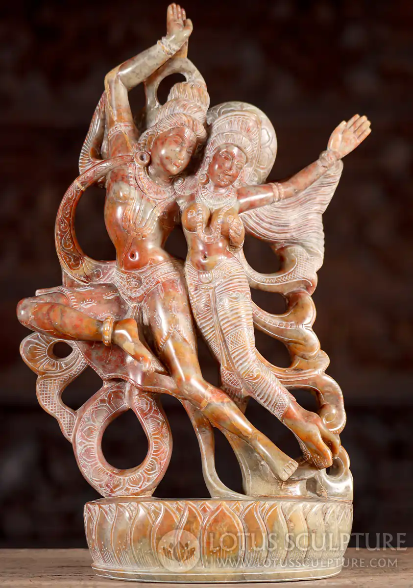 Shiva & Parvati Red Marble Sculpture Lovers Dancing on Lotus Base,&#8239;India 16"