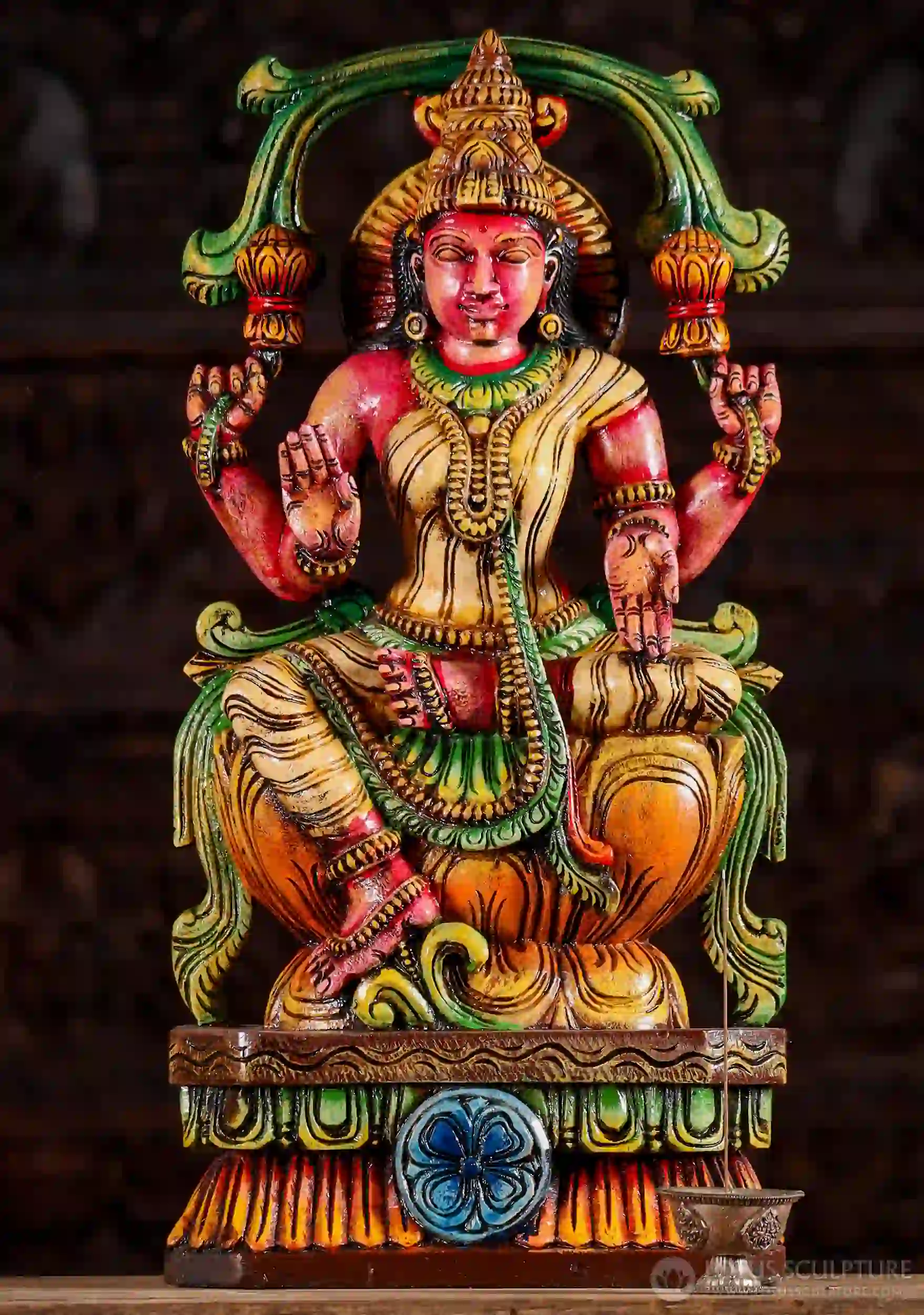 Lakshmi Wood Statue in Varada & Abhaya Mudra with Lotus Flowers Lalitasana Carved in India 24"