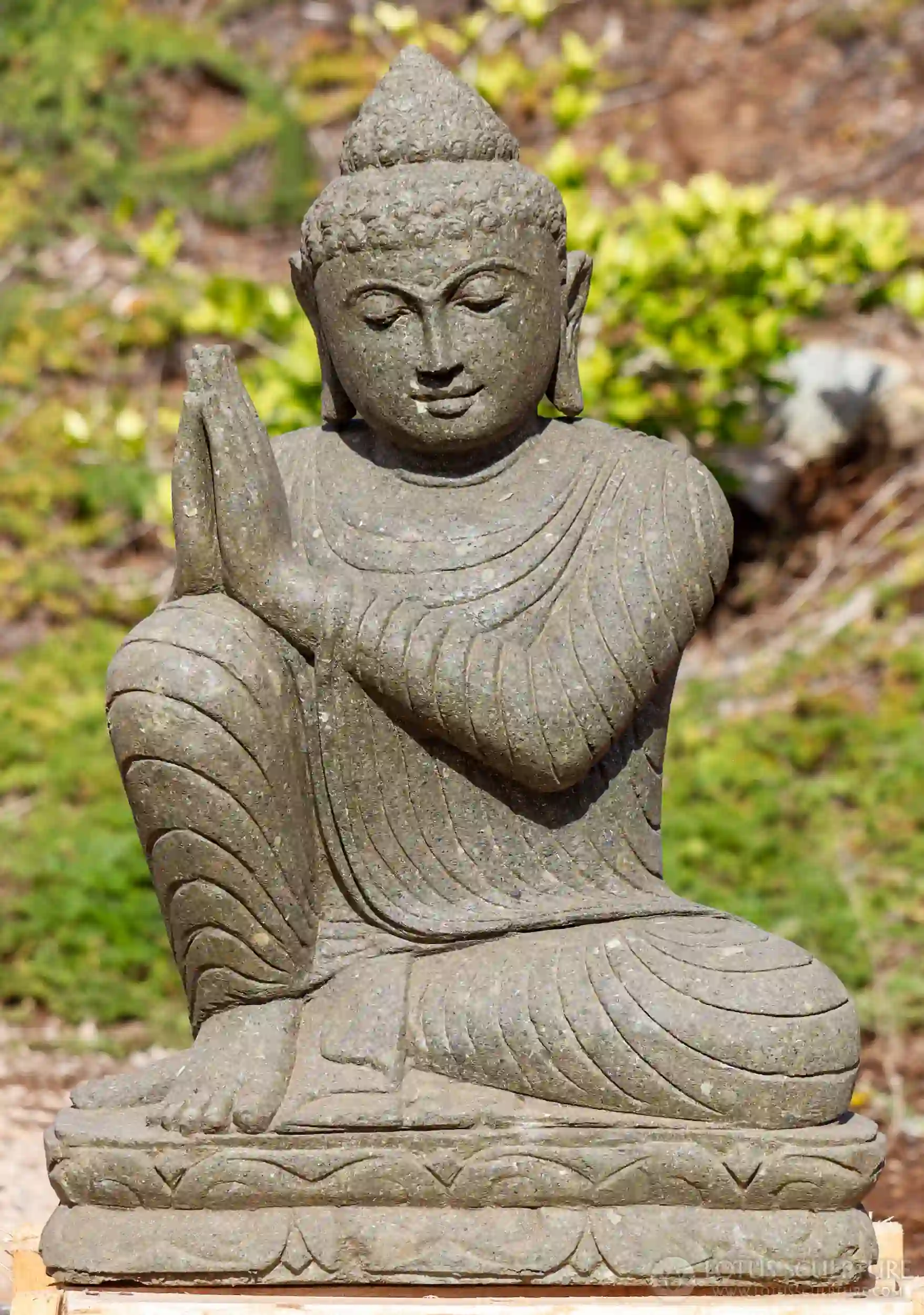 Dreaming Buddha Garden Sculpture Hand Carved Green Lava Stone on Lotus 32"