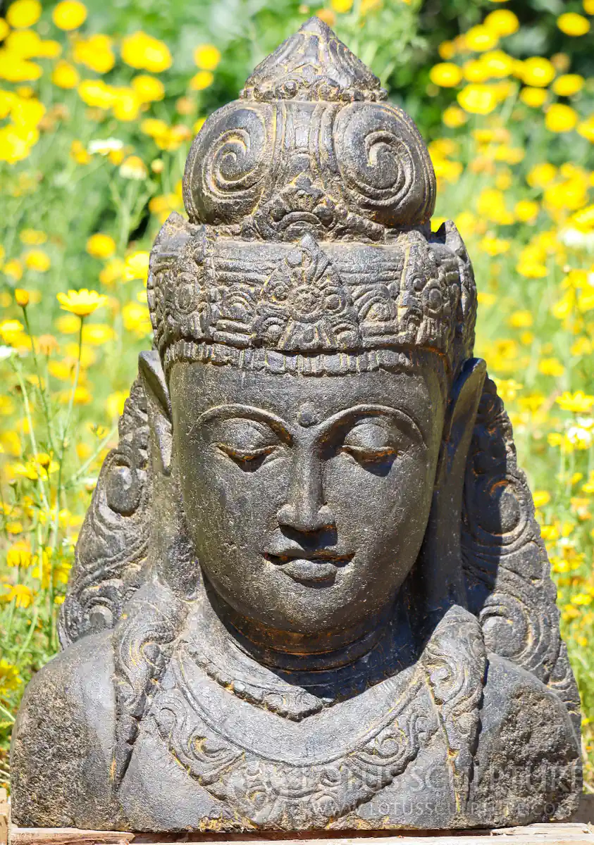 Tara Lava Stone Garden Sculpture Bust with Headdress and Jewelry, Indonesia 27"