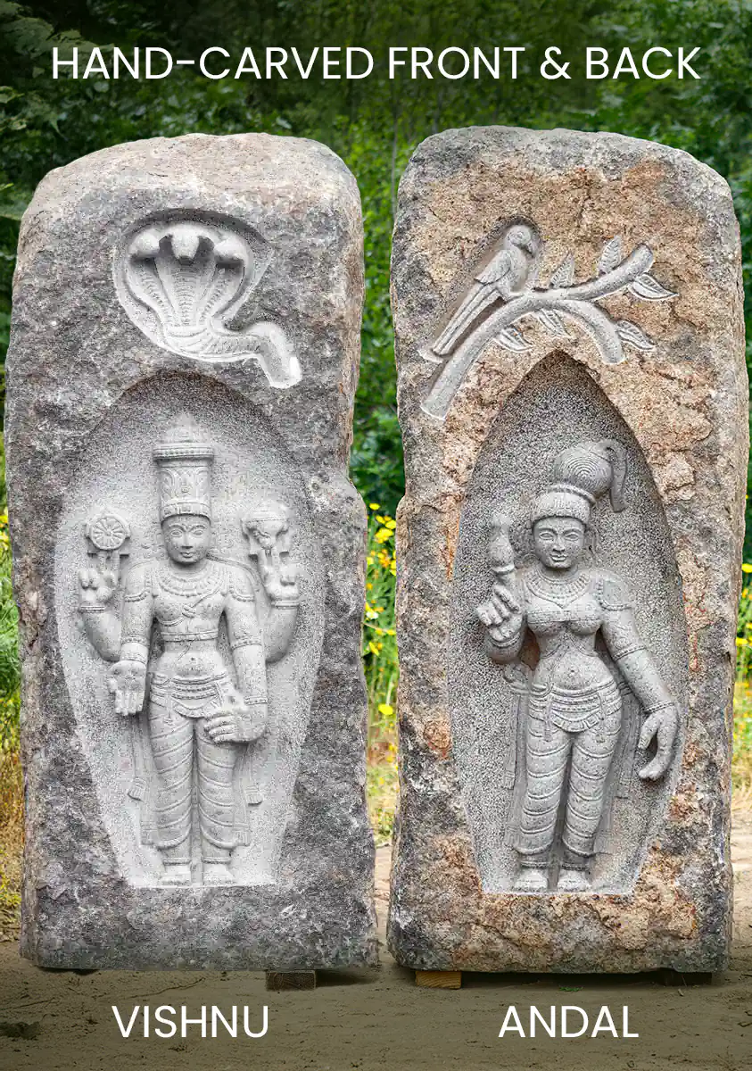 Lord Vishnu with Sesha & Andal with Parrot Double-Sided Granite Garden Sculpture 63"