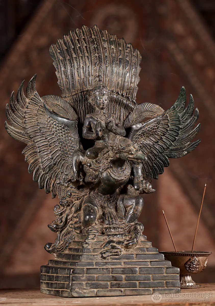 Vishnu Brass Statue Seated on Garuda with Elaborate Wings and Crown, Indonesia 14"