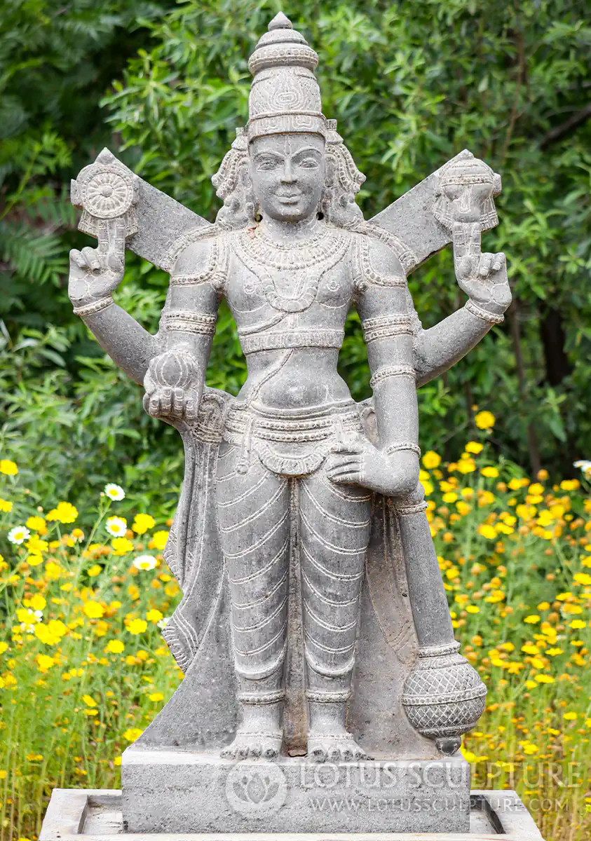 Vishnu Large Black Granite Garden Sculpture Holding Lotus and Mace Optional Base 51"